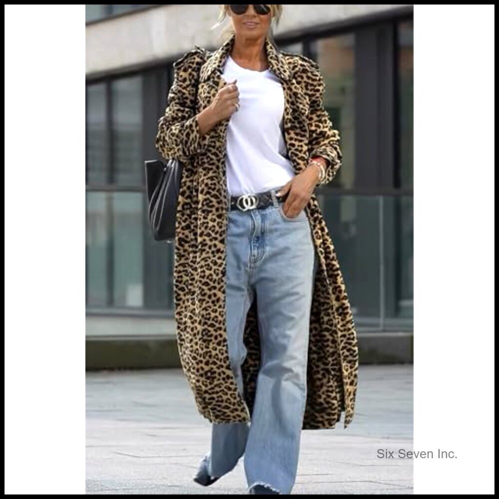Loose Fit Faux Suede Trench Coat Notch Lapel Leopard Print Mid Calf - Picture 4 of 7